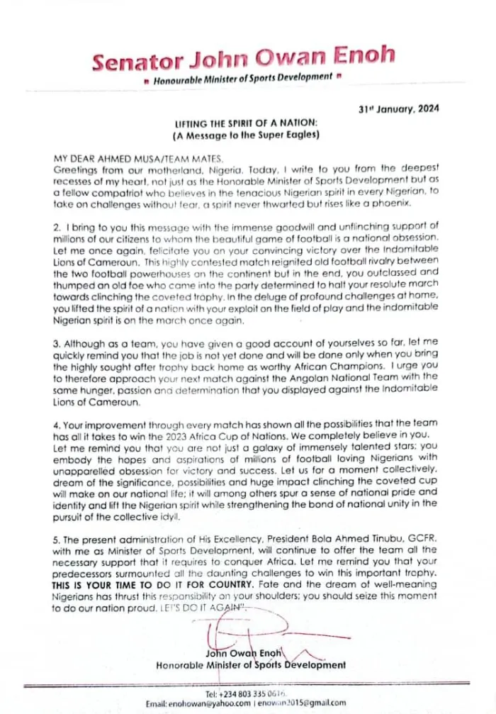 AFCON2023: Minister Of Sports Development Sends A Heartfelt Message To The Super Eagles Of Nigeria