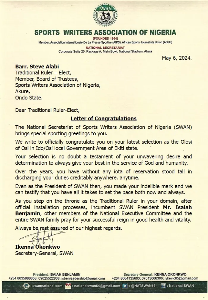 SWAN Writes, Congratulates BOT Member Alabi As Traditional Ruler-Elect In Ekiti