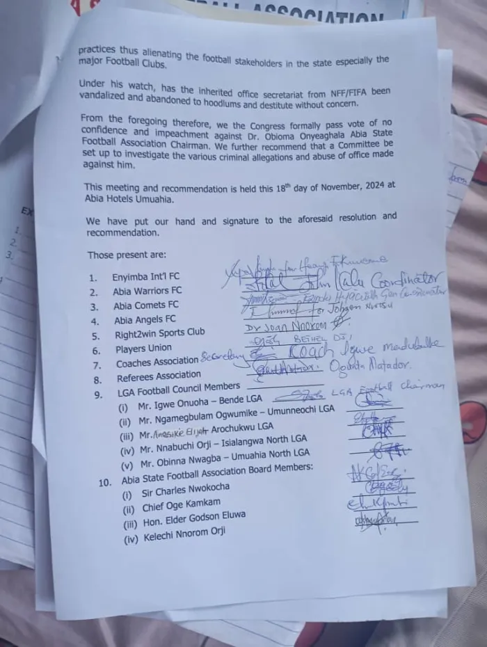 Abia State FA Chairman, Obioma Onyeaghala, Impeached Amidst Gross Misconduct Allegations