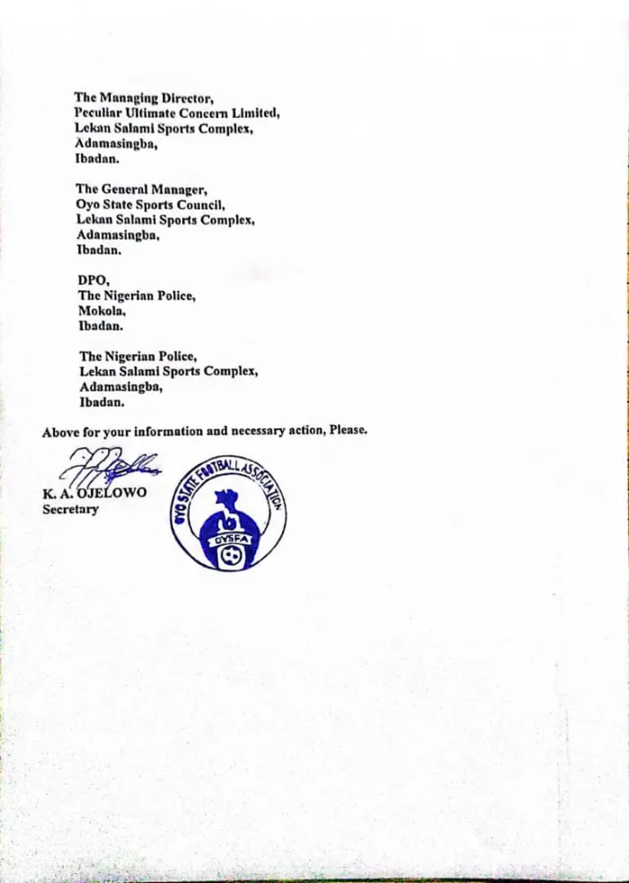 Oyo F.A Suspends Stadium Steward, Olalekan Ojo Olufemi(Ijesha) from Watching 3SC matches