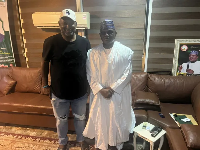 Iloenyosi Talks Football With Hamza Al-Mustapha At Ahmed Musa's Sports Complex In Kano