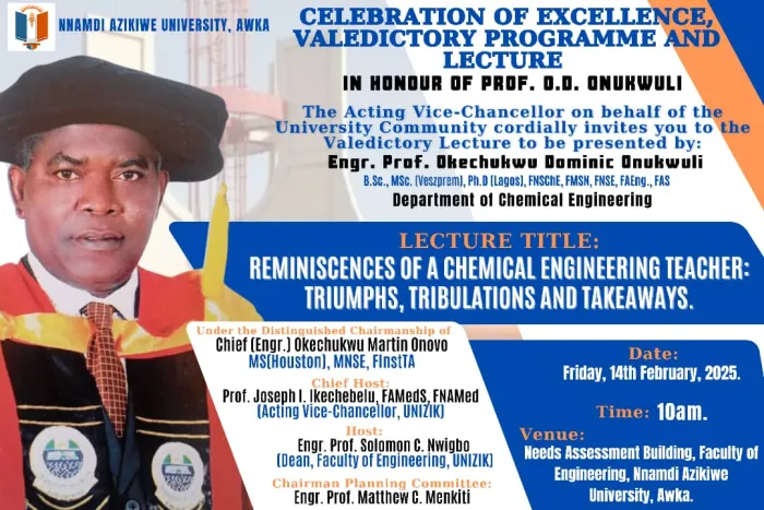 UNIZIK Don, Prof. O.D. Onukwuli Set To Deliver His Valedictory Lecture