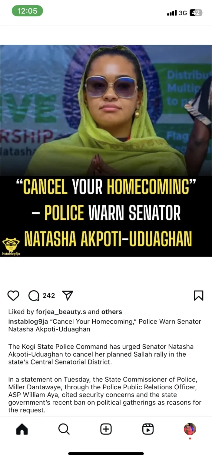 Cancel Your Homecoming,” Police Warn Senator Natasha Akpoti-Uduaghan Over Security Concerns