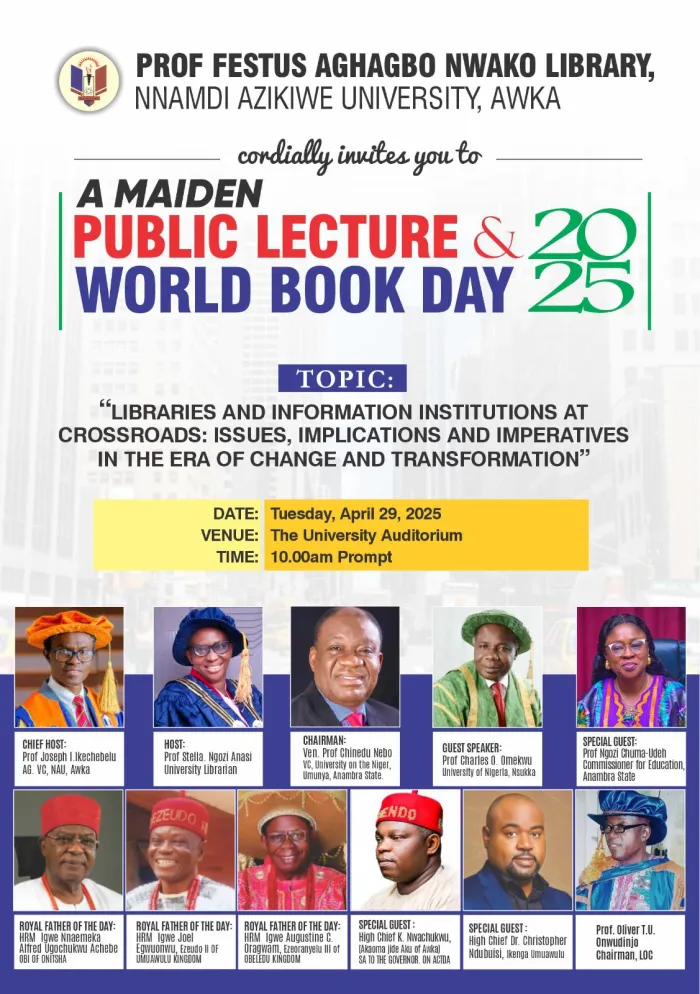 Festus Aghagbo Nwako Library, UNIZIK Set To Hold World Book Day Celebration and Maiden Public Lecture