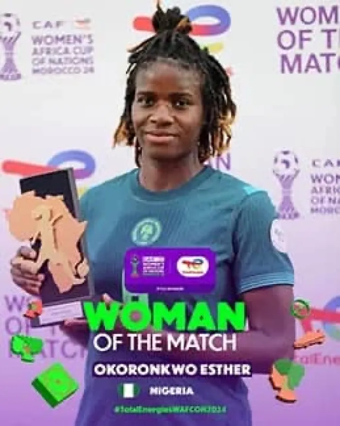 WAFCON 2025: Esther Okoronkwo Named Woman of the Match After Stellar Display in Super Falcons’ 3-0 Win Over Tunisia