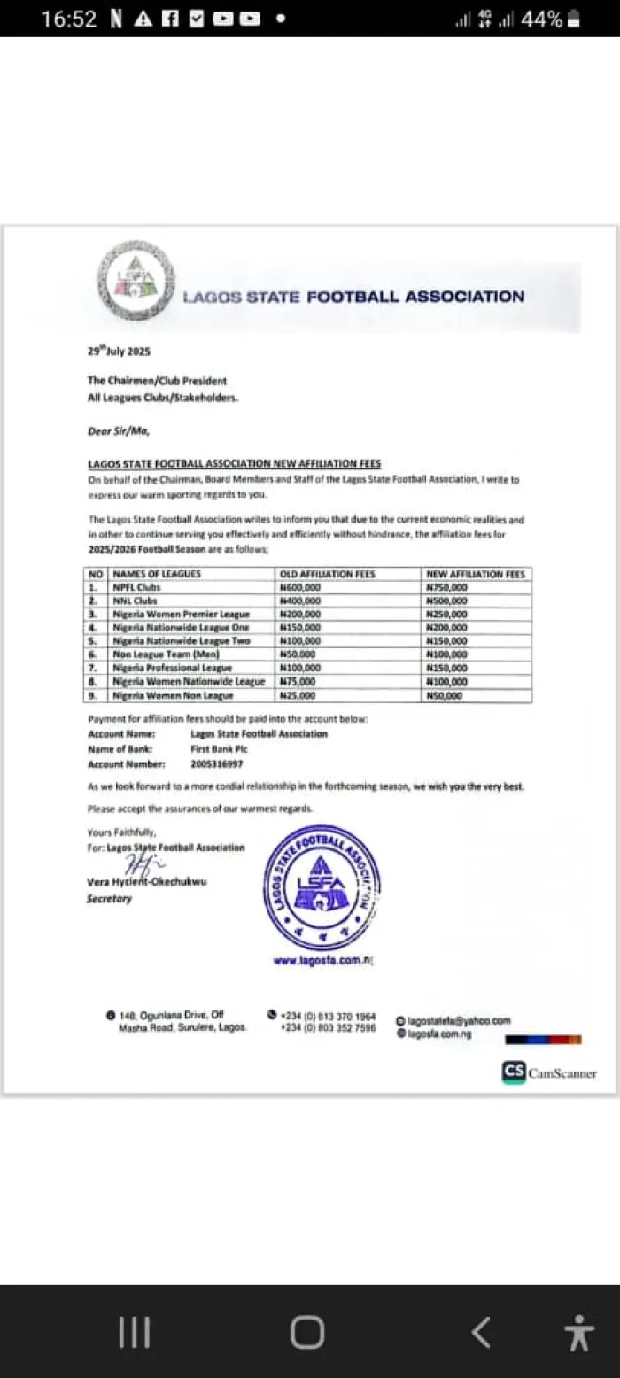 Lagos State Football Association Reveals New Affiliation Fee Structure