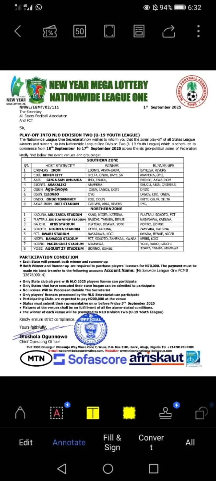 NLO DIVISION TWO (U-19 YOUTH LEAGUE) Zonal Play-Offs Set for September 10–17 Across Nigeria’s Six Geo-Political Zones