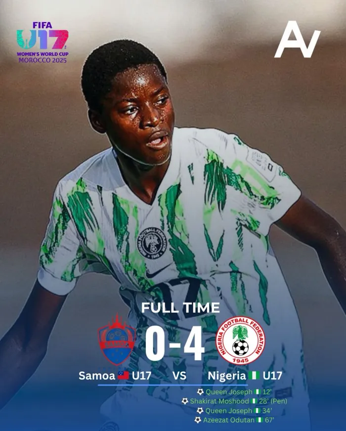 FIFAU17WWC: Nigeria Qualifies for Knockout Stages with 4-0 Win Over Samoa.  …Cameroon, Ivory Coast Out as Nigeria meets North Korea Next.