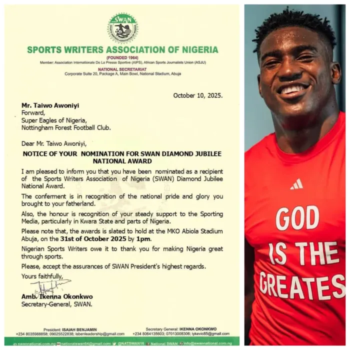 SWAN  Recognitions  Super Eagles & Nottingham Forest Player