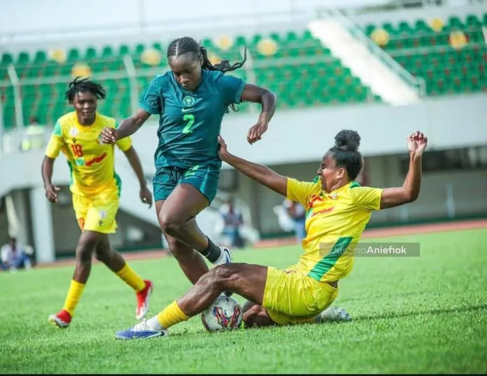 The Super Falcons of Nigeria beat She-Cheetahs of Benin Republic 2-0, yesterday at Lomé