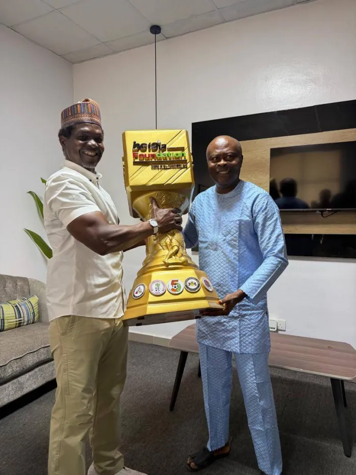 Lagos FA Presents Ex-Internationals Cup Trophy to Bet9ja Founder Kunle Soname