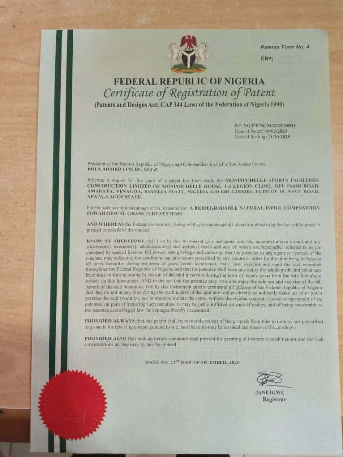 Monimitchelle Sports Facility Construction Company Secures Patent For Biodegradable Infill Technology