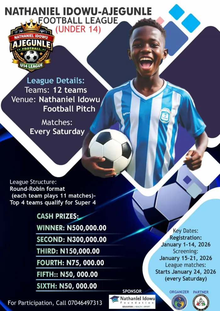 Nathaniel Idowu Foundation Ajegunle Under 14 Football League Begins Saturday