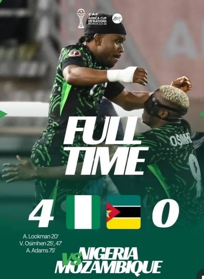 Super Eagles Thrash Mozambique 4–0, Set Multiple Records at AFCON in Morocco