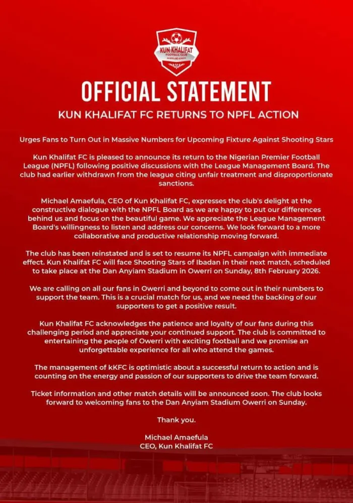 Kun Khalifa FC Returns To NPFL Action , Urge Fans To Turn Out In Massive Numbers Against Shooting Stats