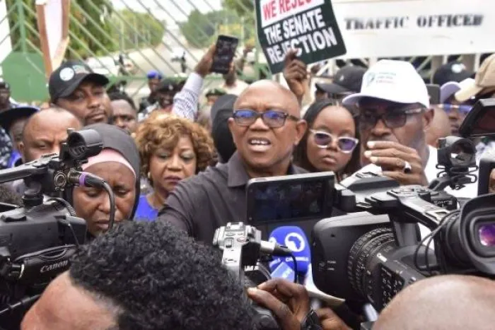 Peter Obi Joins Protest at National Assembly, Calls for Credible Elections