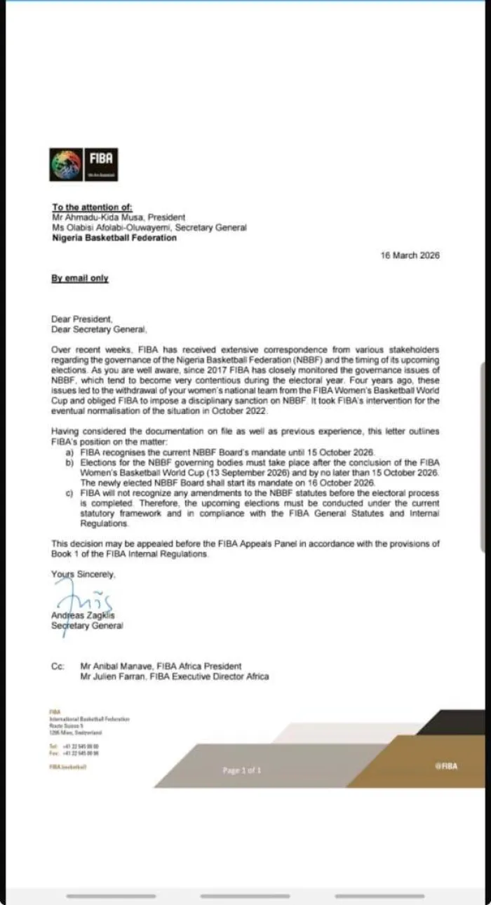 FIBA Directs NBBF to Hold Elections by October 2026 Amid Governance Concerns