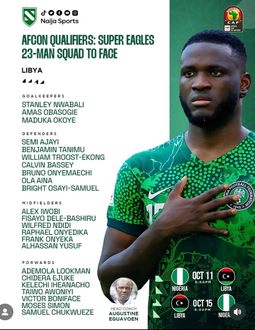 Nigeria Names 23-Man Squad for Libya Clash in 2025 AFCON Qualifiers