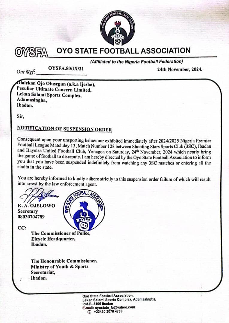 Oyo F.A Suspends Stadium Steward, Olalekan Ojo Olufemi(Ijesha) from Watching 3SC matches