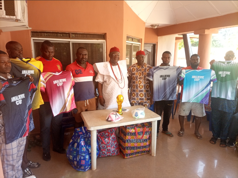 Sponsor, Nze Amalukwue Unveils Trophy and Jerseys for Upcoming Akwaeze Unity Cup Tagged 'Amalukwue Football Competition'